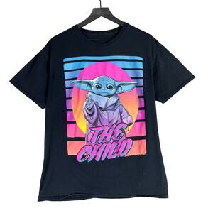 Star Wars The Child Grogu T-Shirt Large Retro‎ Neon Graphic Tee Black Unisex